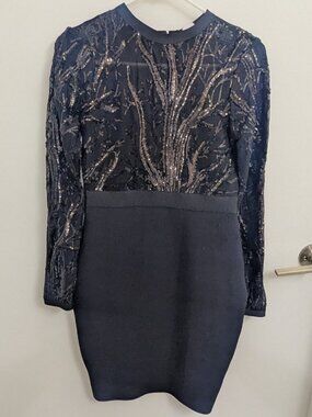 Black Sequin Sheer Bodice Long Sleeve Sheath Dress Venus Size S